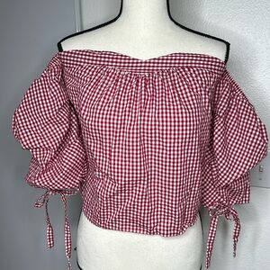 Red Gingham Off-Shoulder Puff Sleeve Top